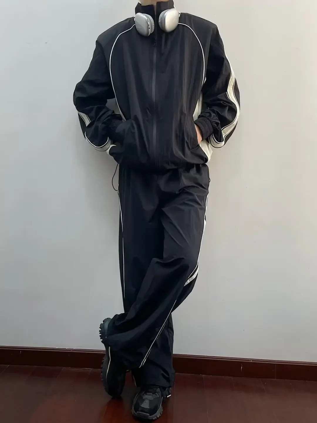 Spring Vintage Set Men Women High Street Varsity Jacket Wide Leg Pants Patchwork Y2k Streetwear Sports Bomber 2-piece Set Unisex 240426