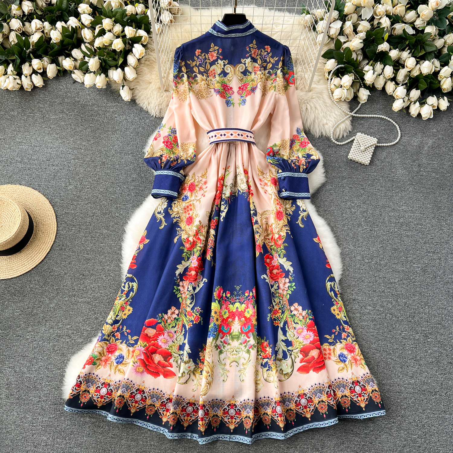 Dresses Holiday Paisley Party Dress Women's Long Sleeve Stand Single Breasted Ral Print Belt En Maxi Robe Vestidos 2025