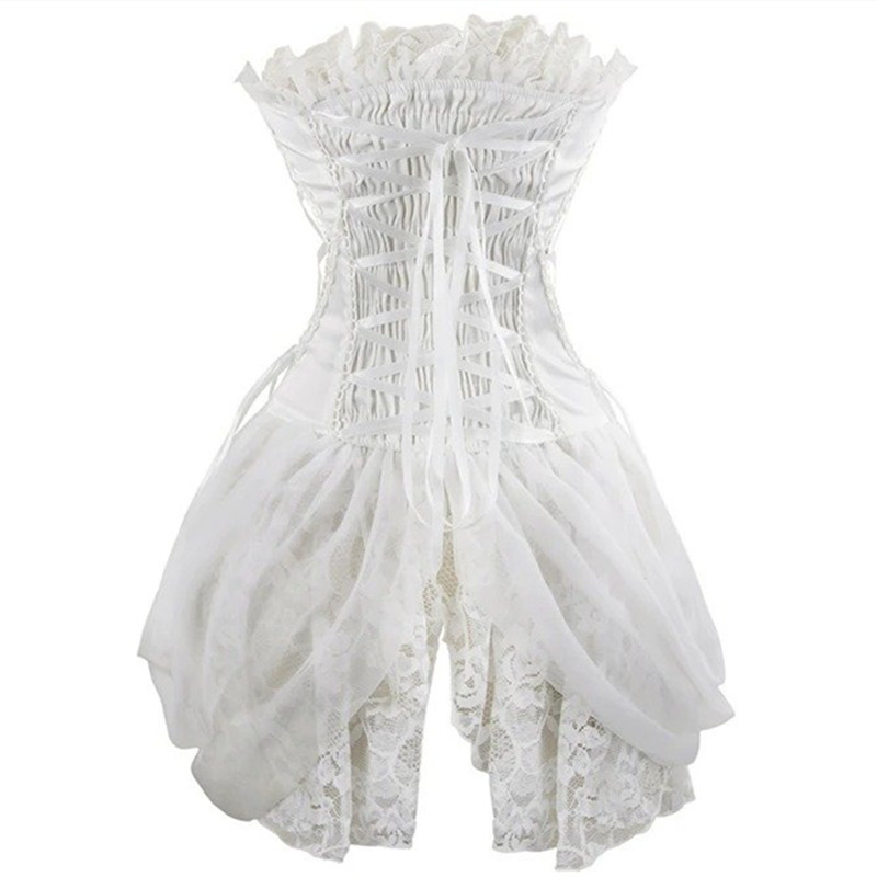 Halloween Burlesque Side Hollow-out Corset with Hips Tulle Cover Women White Bridal Overbust Bustier Ruffle Lace Party Corsets Multicolor S-XXL