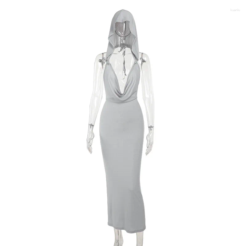 Casual Dresses Backless Hooded Maxi Dress For Women Swinging Halter Neck Metallic Fashion Slip Female Long Skirt Sexy Night Party Gown