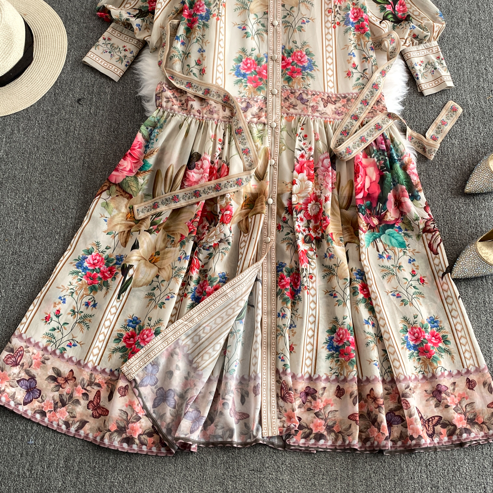 Casual Dresses Holiday Flower Print Long Dress Women's Stand Lantern Sleeve Single Breasted Floral Print Belt Oversize Maxi Robe Vestidos