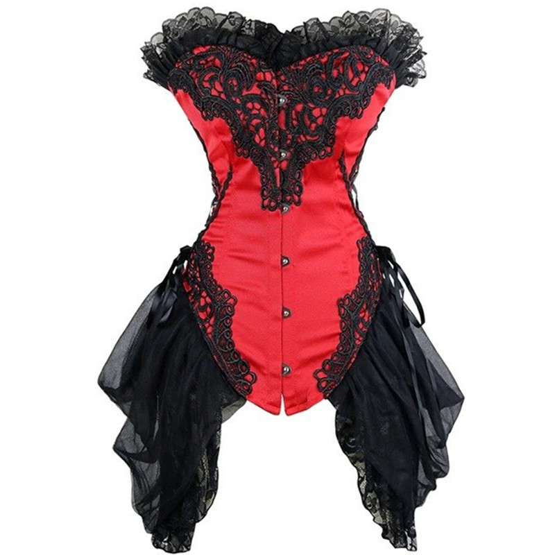 Halloween Burlesque Side Hollow-out Corset with Hips Tulle Cover Women White Bridal Overbust Bustier Ruffle Lace Party Corsets Multicolor S-XXL