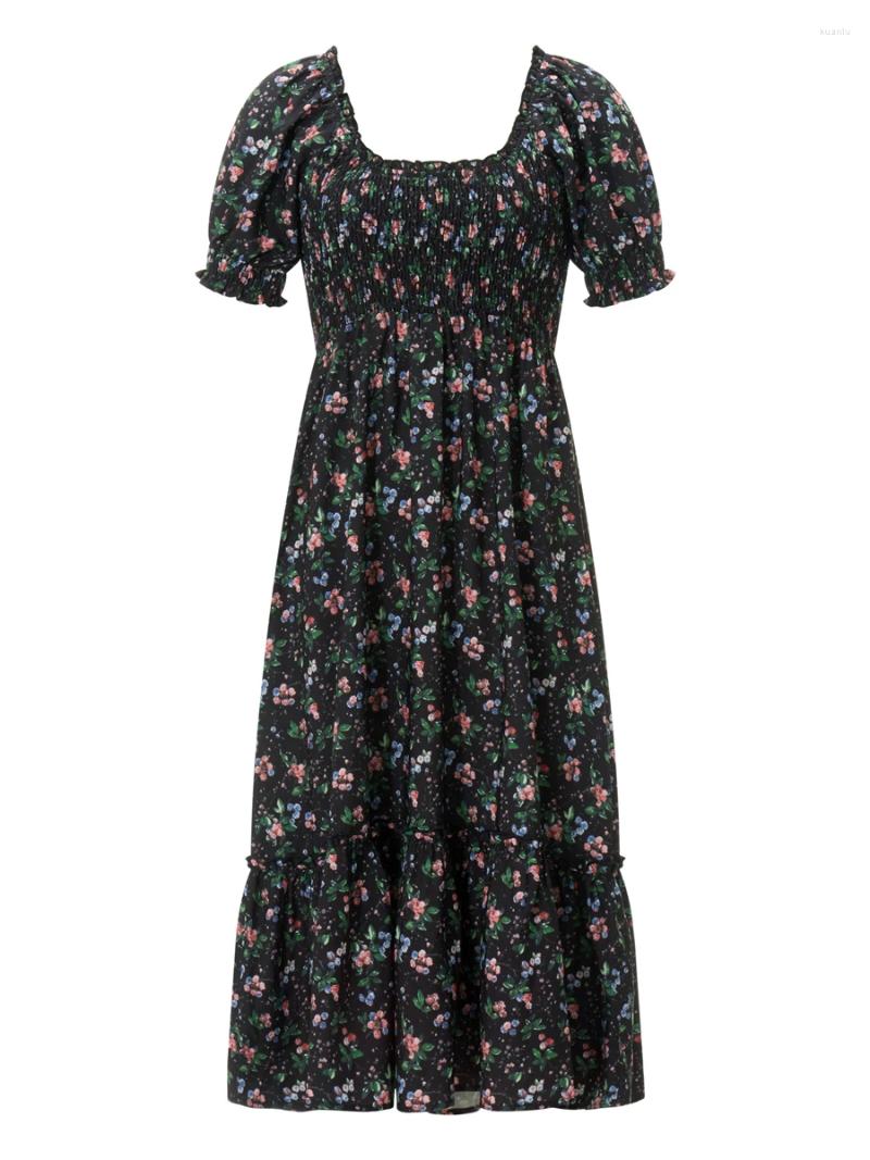 Casual Dresses Summer Women Midi Dress With Floral Print Square Neckline Pleated Short Sleeved A-Line Backless