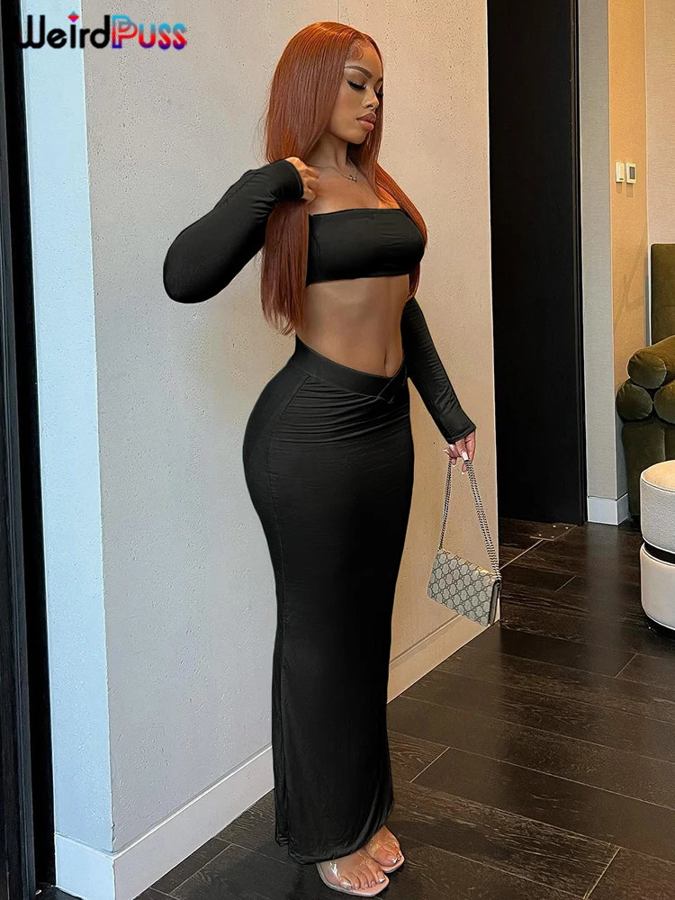 Weird Puss Autumn Women 2 Piece Set Tracksuit Trend Long Sleeve Crop TopsWide Waistband Maxi Skirts Casual Streetwear Suits 240423