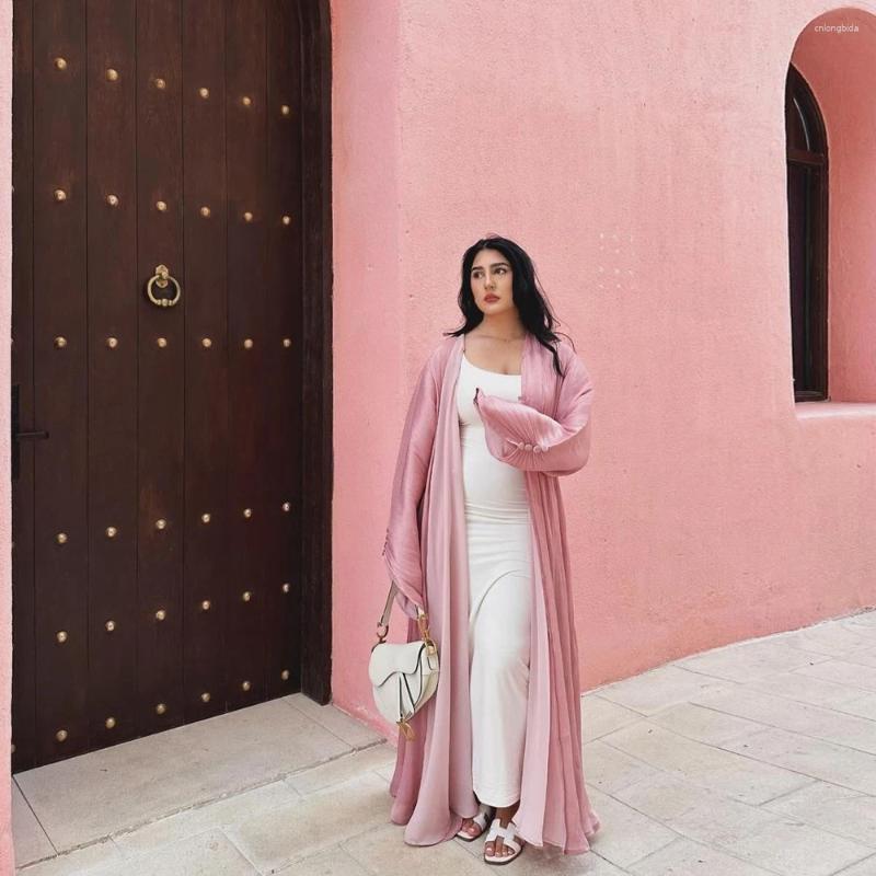 Ethnic Clothing Green Apricot Pink Open Shiny Abaya Muslim Woman Dubai Summer Kaftan Vacation Outfits Long Sleeve Dress Mesh