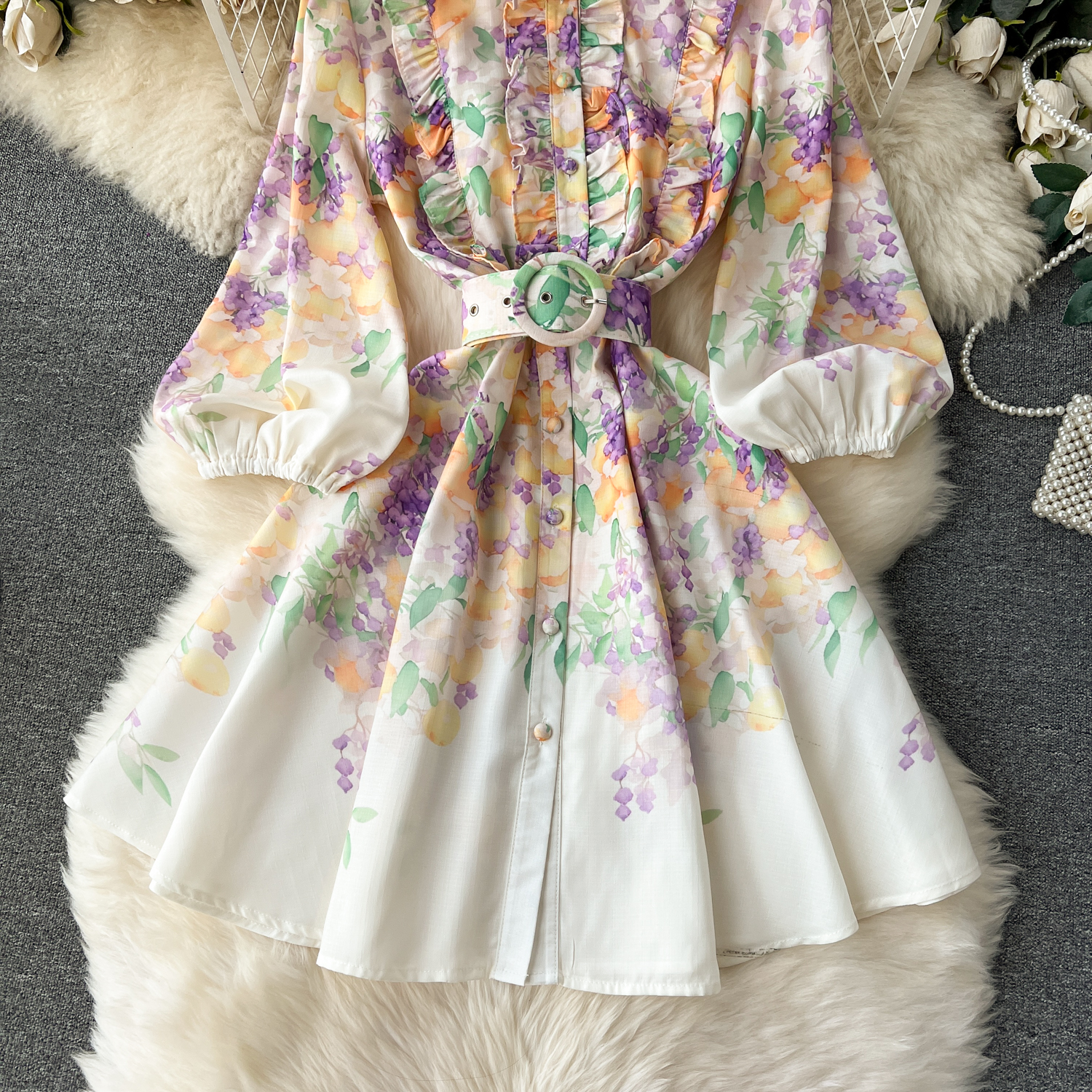 Summer Casual Dresses Holiday En Dress Women Clothing Stand Ruffles Long Lantern Sleeve Wer Print Single Breasted Belt Mini Vestidos 2024