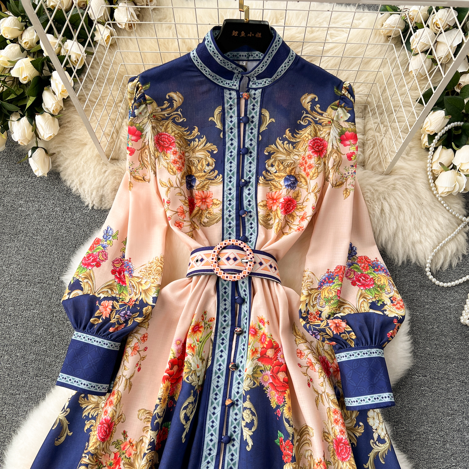 Dresses Holiday Paisley Party Dress Women's Long Sleeve Stand Single Breasted Ral Print Belt En Maxi Robe Vestidos 2025