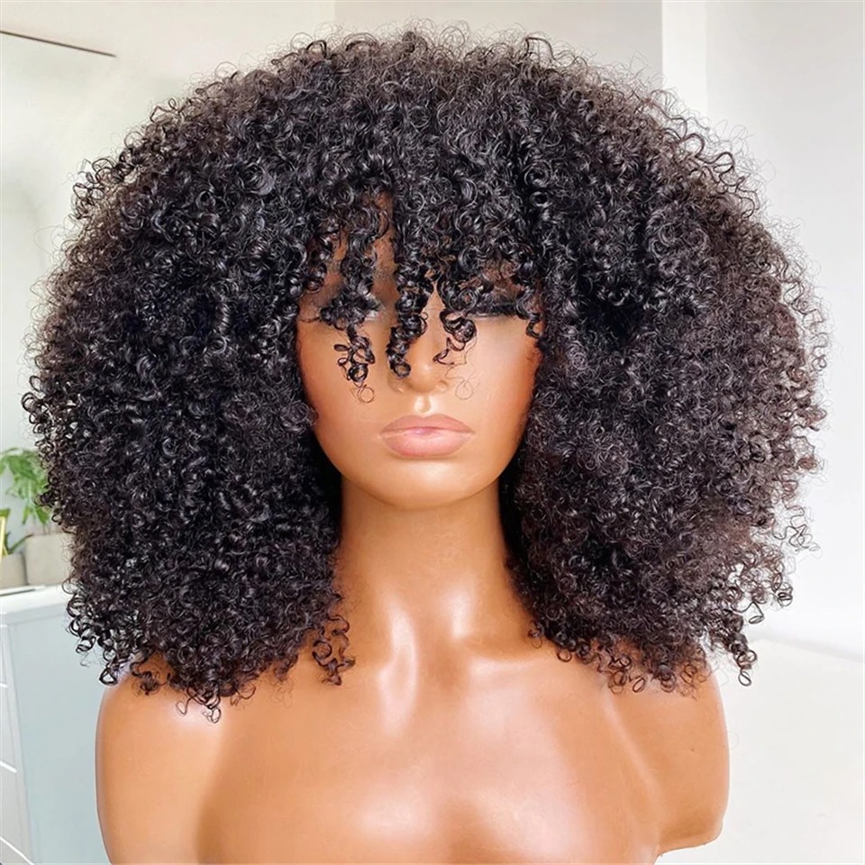 Bob Afro Kinky Wigs With Baby Hair Glueless Remy Brazilian Short Curly Bangs Wig Human Hairblack Women - view 7