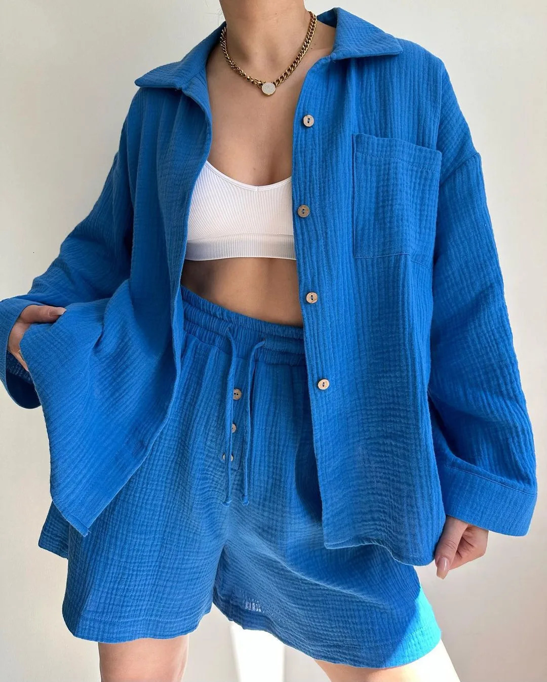 Cotton Gauze Muslim Sets For Women 2 Pieces Long Sleeve SingleBreasted Shirt With Drawstring Shorts Set Chic Ladies Tracksuit 240423