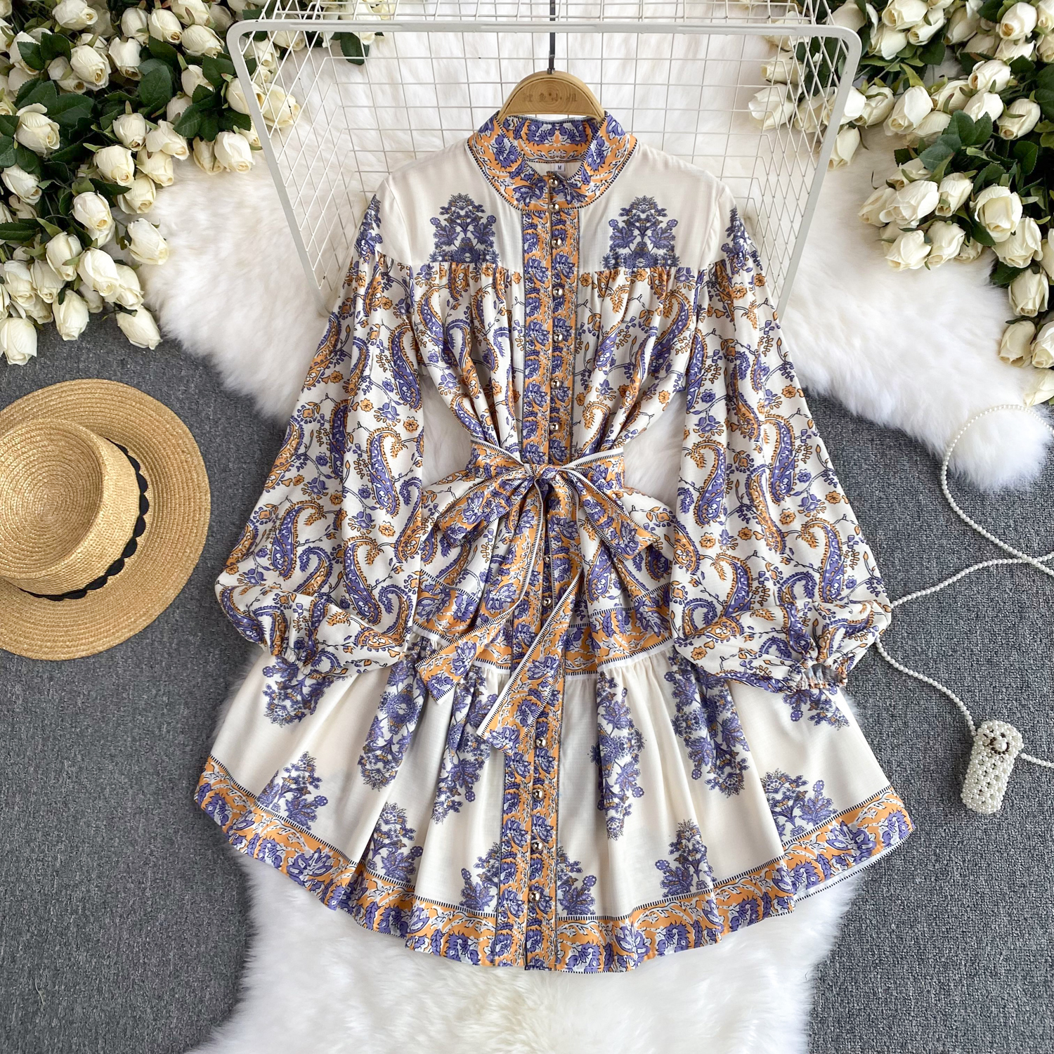 New Casual Dresses Spring Summer Vintage Paisley Short Dress Women Stand Collar Long Lantern Sleeve Single Breasted Sashes Loose Mini Vestidos