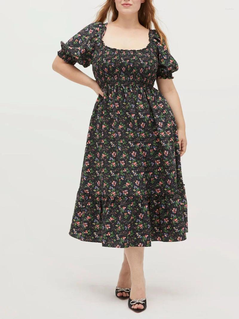 Casual Dresses Summer Women Midi Dress With Floral Print Square Neckline Pleated Short Sleeved A-Line Backless