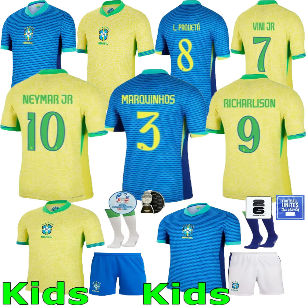 24/25 Brazil Soccer Jersey L.PAQUETA NEYMAR VINI JR. P.COUTINHO RICHARLISON football shirt G.JESUS T.SILVA BRUNO G. PELE CASEMIRO men kids sets Anti-Pilling jersey