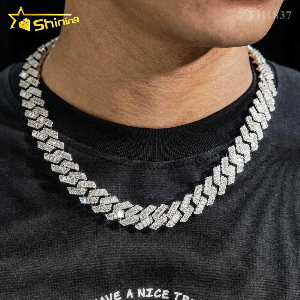 New Arrival Top Quality 15mm Hip Hop 925 Sterling Silver Luxury Baguette Iced Out Moissanite Diamond Cuban Link Chain