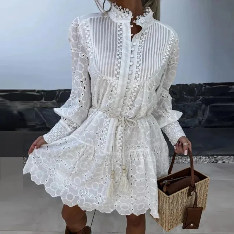 Fashion Holiday Beach Solid Color Dress Womens StandUp Neck Lace Splicing Elegant Long Sleeve Button Bohemian 240418