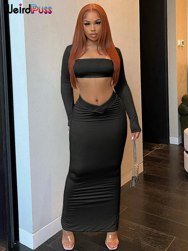 Weird Puss Autumn Women 2 Piece Set Tracksuit Trend Long Sleeve Crop TopsWide Waistband Maxi Skirts Casual Streetwear Suits 240423