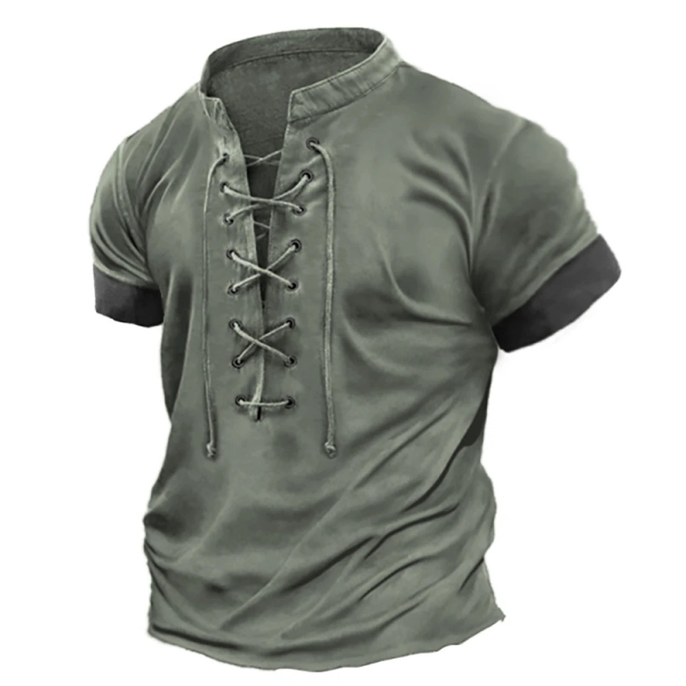 Plus Size Mens Vintage Lace Up Casual Colorblock Short Sleeve TShirt Summer Solid Color VNeck Men Tops S5XL 240419