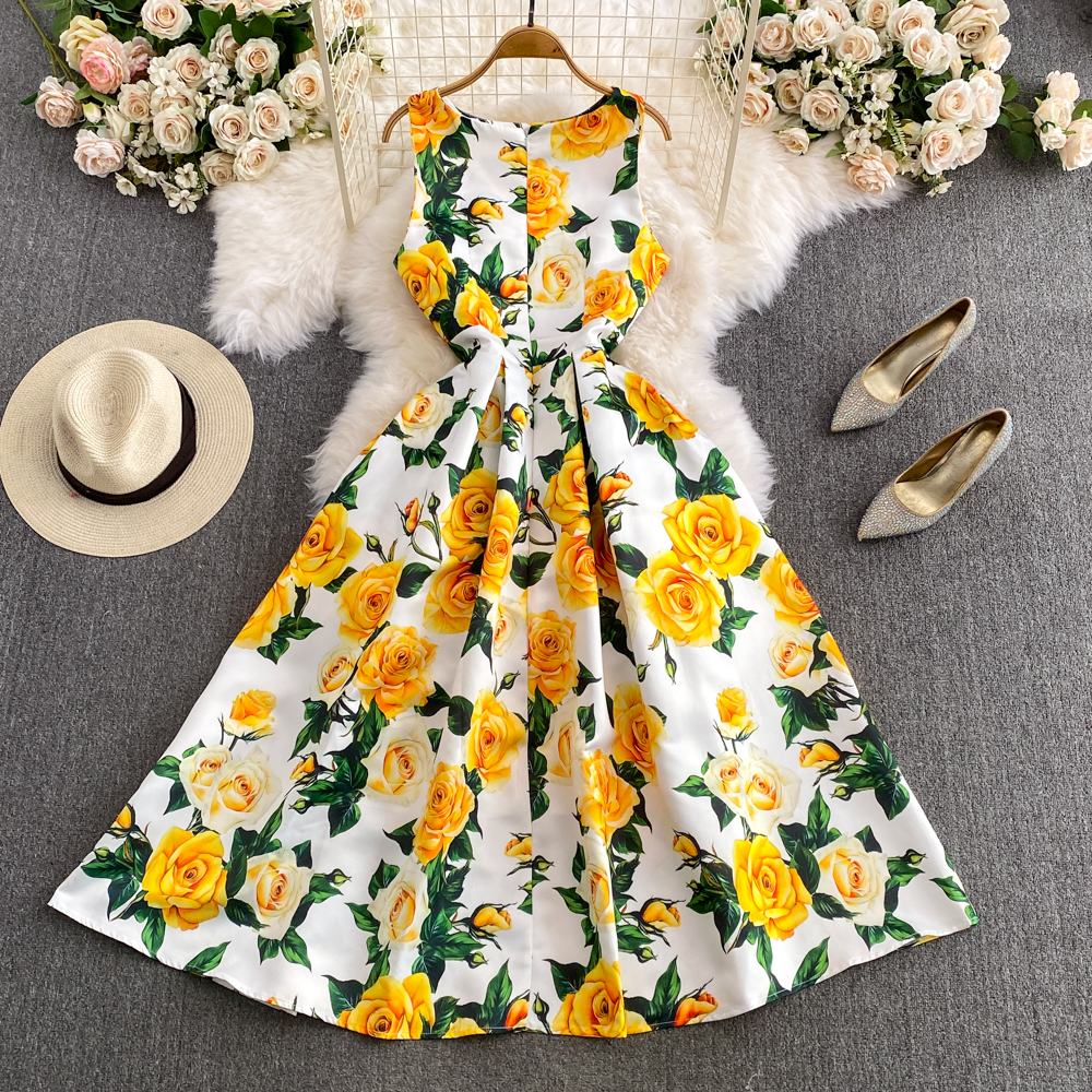 Dresses Fashion Runway Summer Midi Long Women Dress O-Neck Sleeveless Elegant Yellow Rose Print Office Lady Work Wear Vestidos
