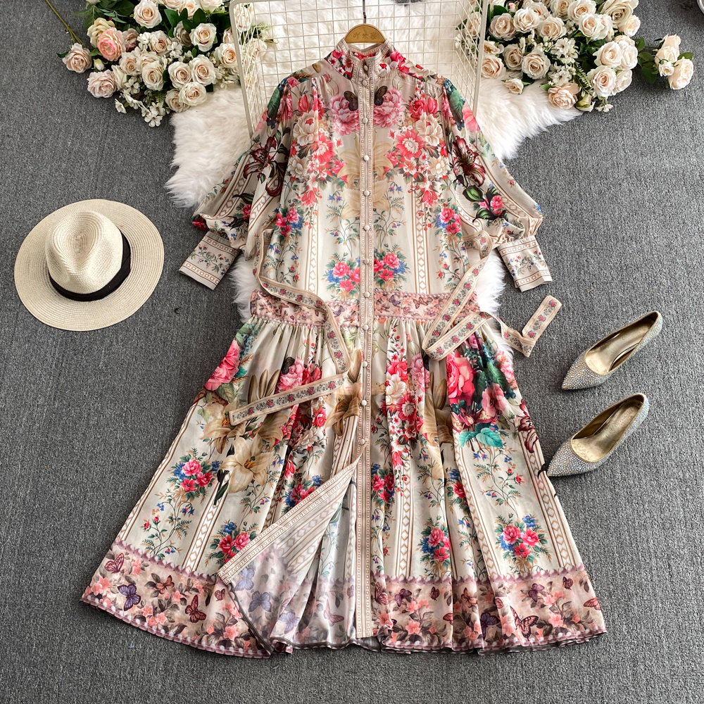 Casual Dresses Holiday Flower Print Long Dress Women's Stand Lantern Sleeve Single Breasted Floral Print Belt Oversize Maxi Robe Vestidos