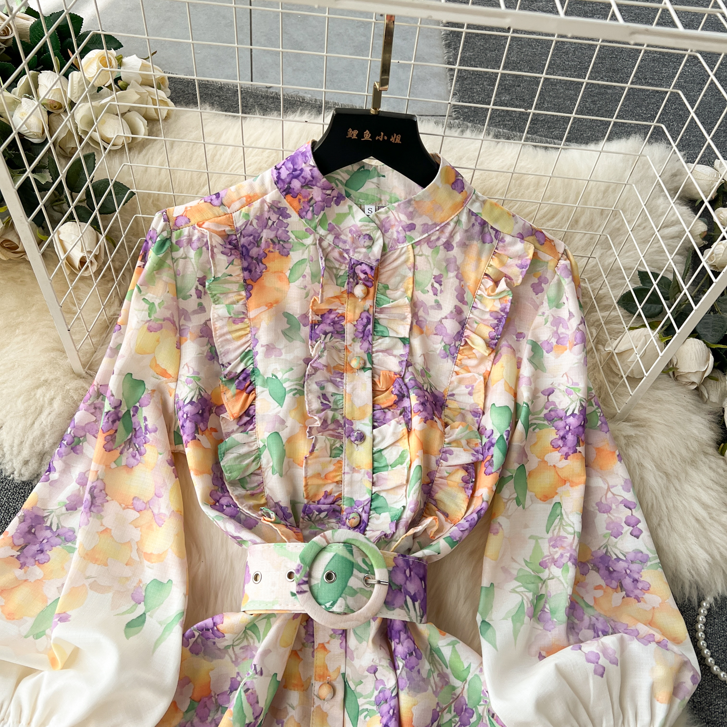 Summer Casual Dresses Holiday En Dress Women Clothing Stand Ruffles Long Lantern Sleeve Wer Print Single Breasted Belt Mini Vestidos 2024