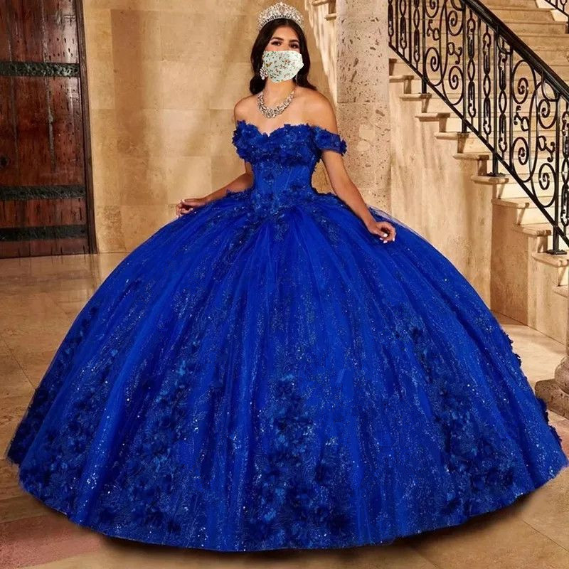 Princess Royal Blue Quinceanera Dresses Off Shoulder Sweetheart Beading With 3D Flowers Ball Gown Elegant Tulle Birthday Party Dress
