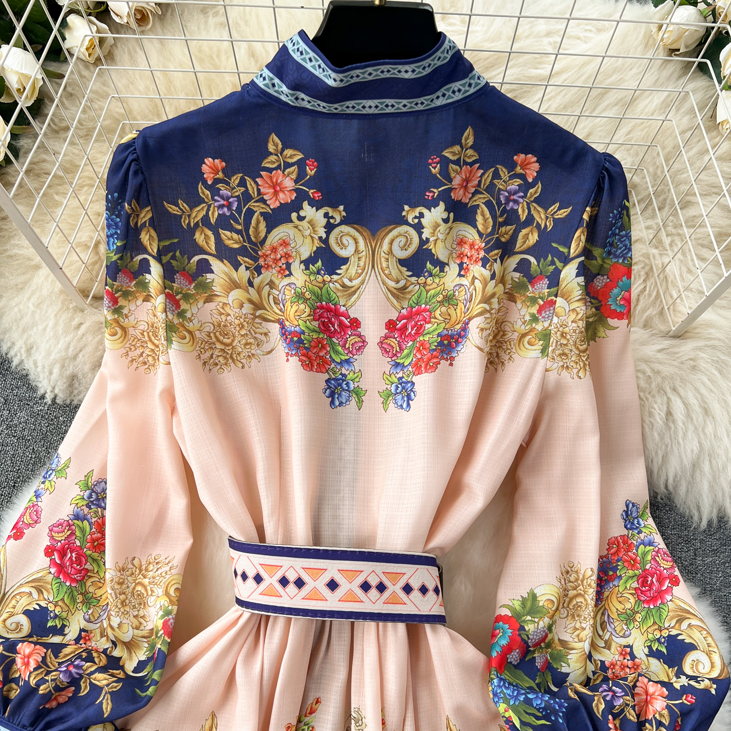 Dresses Holiday Paisley Party Dress Women's Long Sleeve Stand Single Breasted Ral Print Belt En Maxi Robe Vestidos 2025
