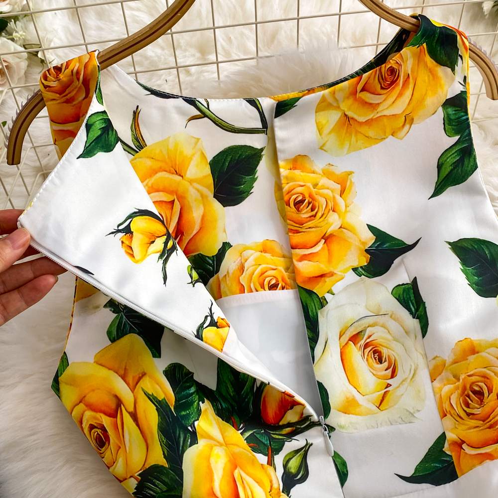 Dresses Fashion Runway Summer Midi Long Women Dress O-Neck Sleeveless Elegant Yellow Rose Print Office Lady Work Wear Vestidos