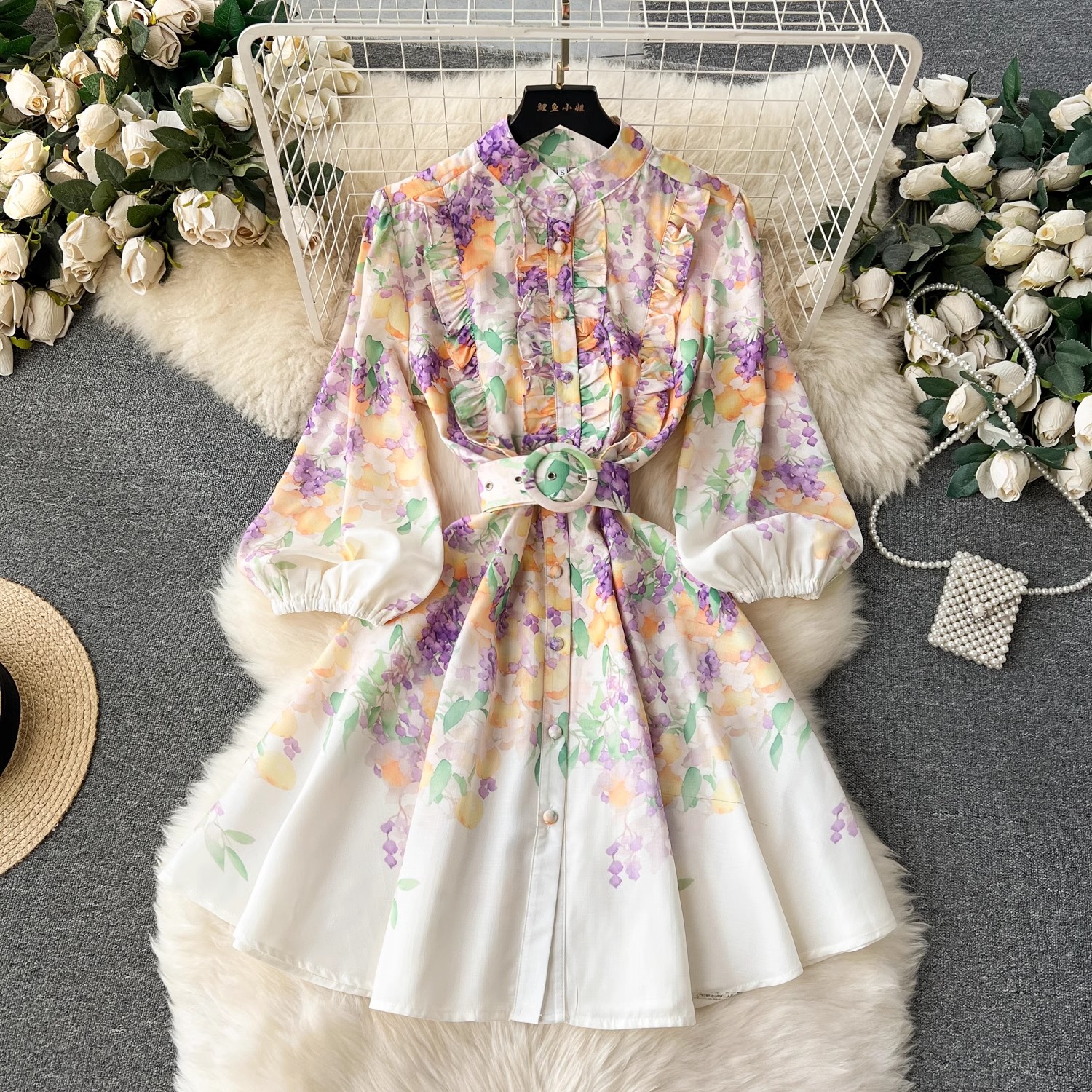 Summer Casual Dresses Holiday En Dress Women Clothing Stand Ruffles Long Lantern Sleeve Wer Print Single Breasted Belt Mini Vestidos 2024