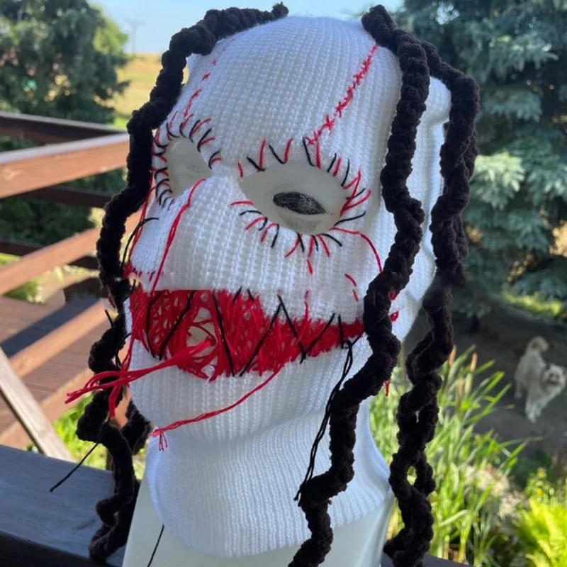 Devil Horn Halloween Knitted Hat Beanies Warm Full Face Cover Ski Mask Hat Windproof Balaclava Hat for Men Womens 240428