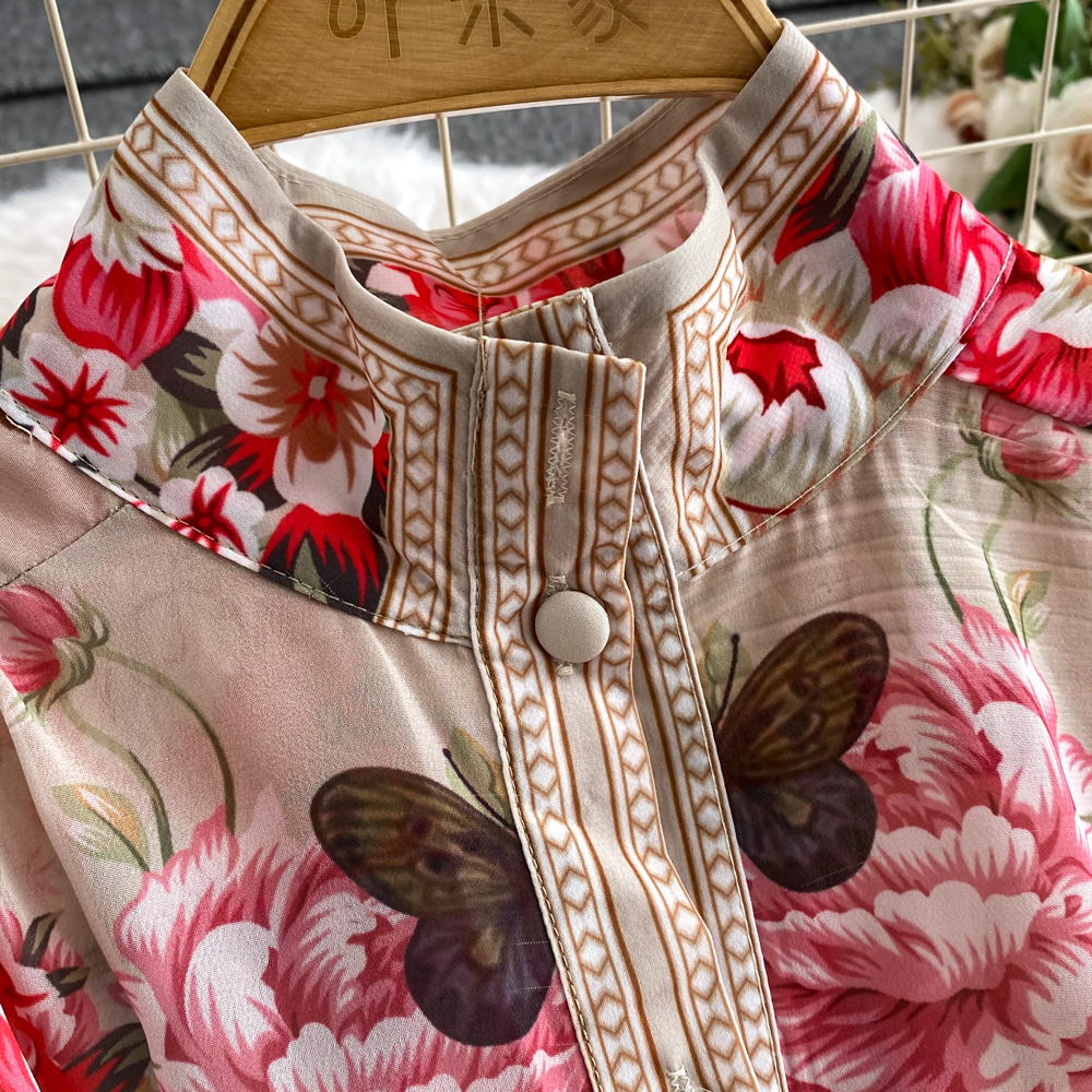 Casual Dresses Holiday Flower Print Long Dress Women's Stand Lantern Sleeve Single Breasted Floral Print Belt Oversize Maxi Robe Vestidos