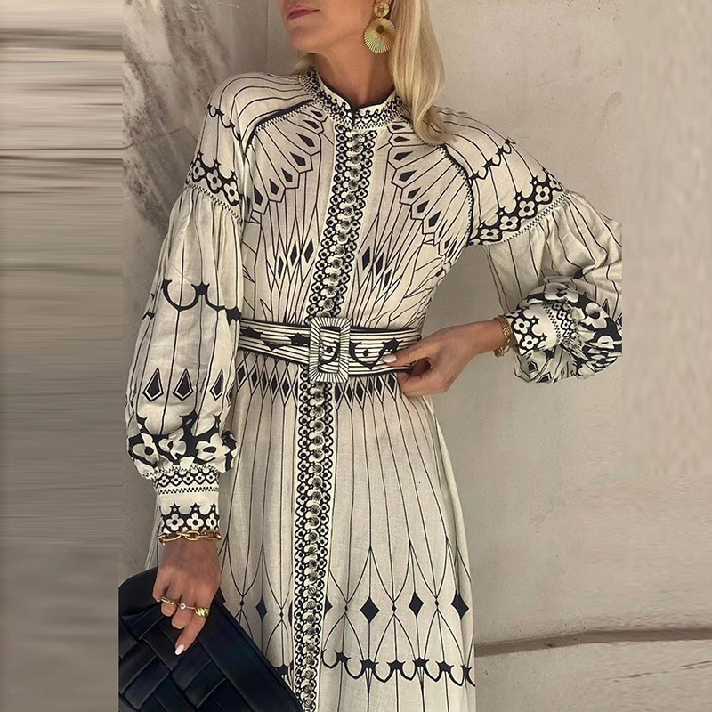 Chic Women Long Sleeve Evening Dress with Belt Elegant 2024 Ethnic Print Retro Stand Collar Button Big Hem Dresses 240419