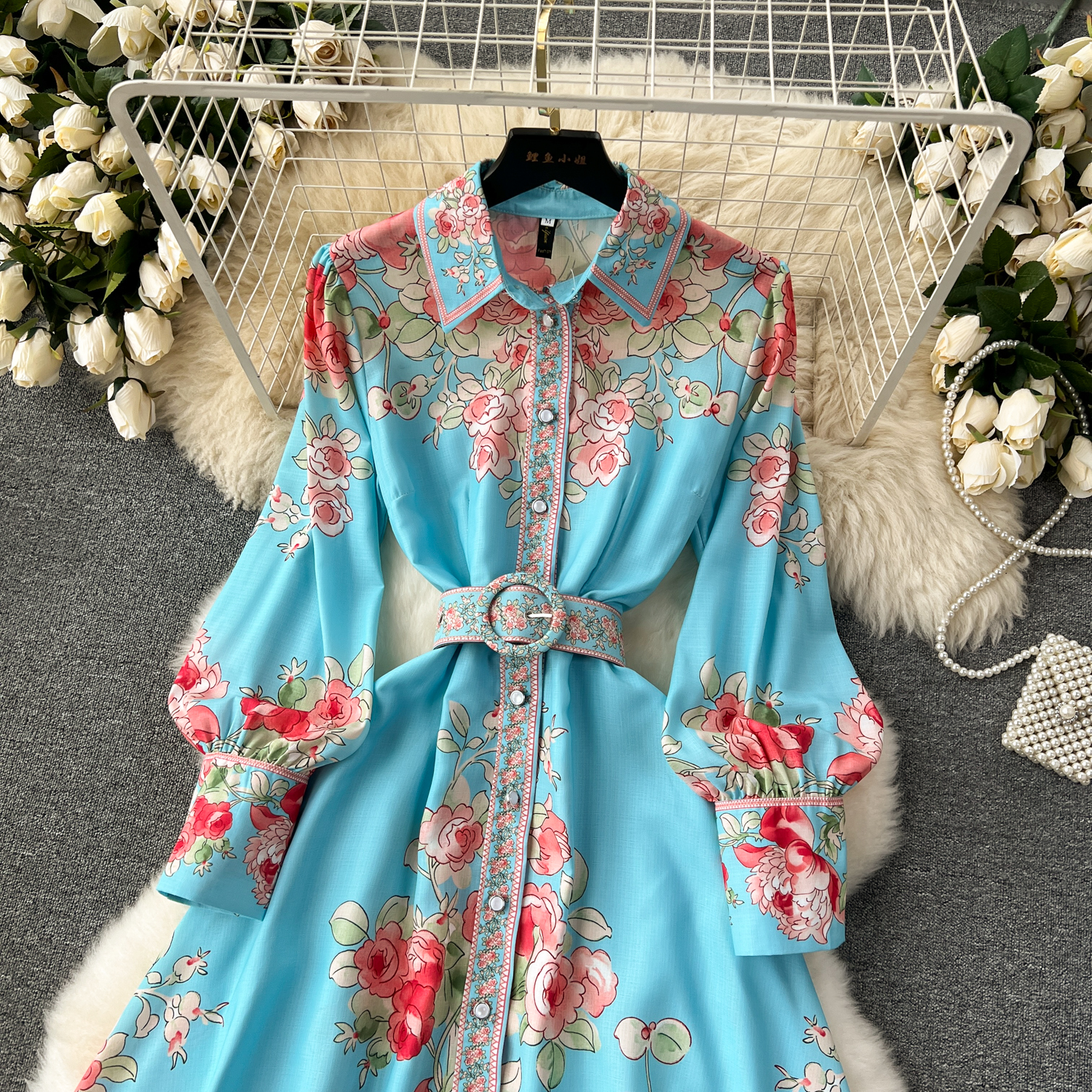 Dresses High-Quality Bohemian Wer Shirt Dress Women's Stand Long Lantern Sleeve Ral Print Single Breasted Belt Holiday Boho Maxi Vestidos