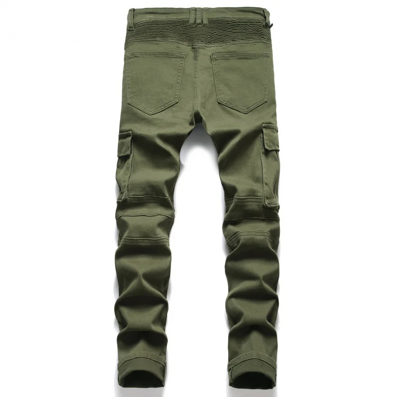 Mens Bike Jeans Cycling Pants Army Green Motorcycle High end Fashion Straight Fit Casual Denim 240430