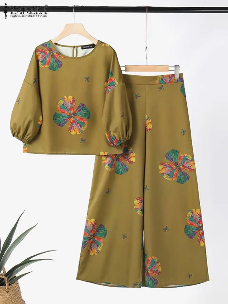 ZANZEA Summer Women Wide Leg Pant Sets ONeck 34 Sleeve Blouse Trousers Suit 2PCS Tracksuits Casual Printed Matching 240423