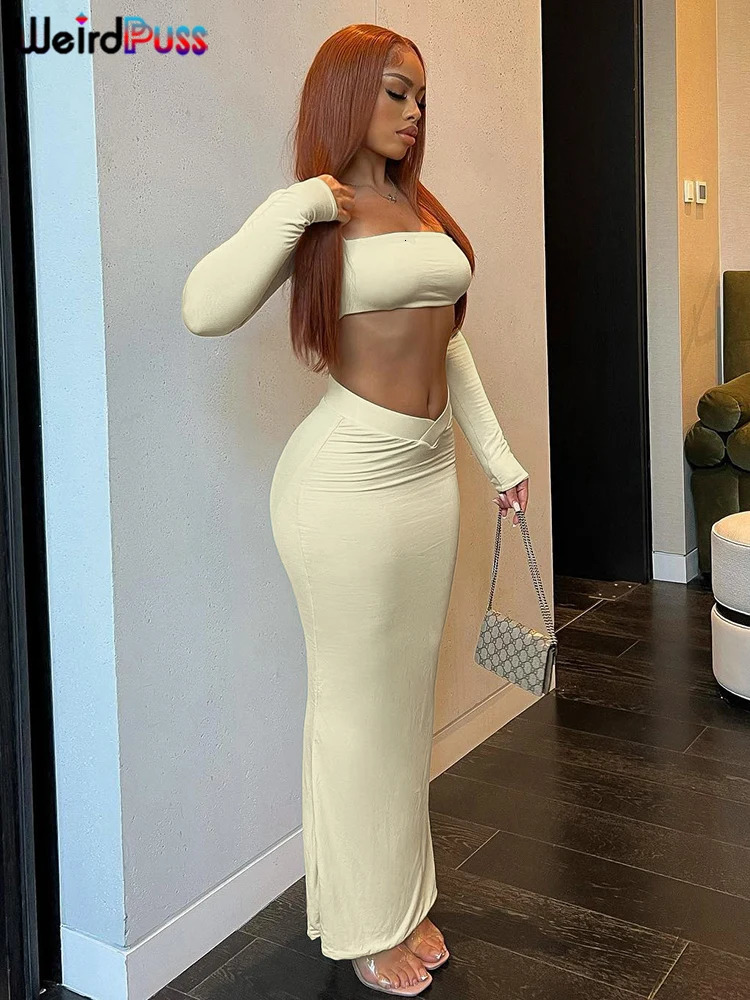 Weird Puss Autumn Women 2 Piece Set Tracksuit Trend Long Sleeve Crop TopsWide Waistband Maxi Skirts Casual Streetwear Suits 240423