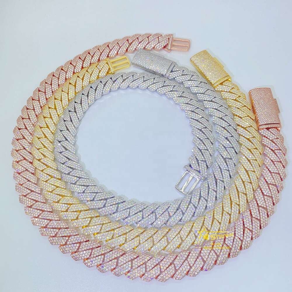 Bling Hiphop Jewelry 18mm 20 22 Diamond Iced Out Vvs Moissanite 925 Silver Cuban Link Chain