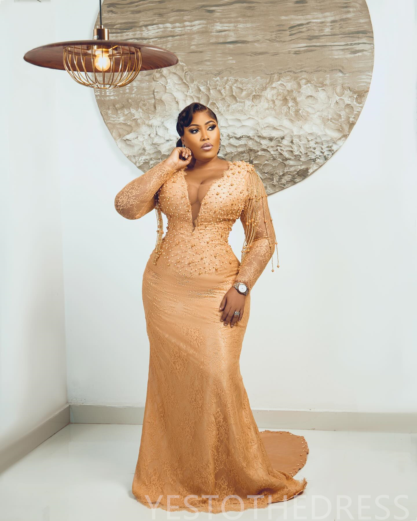 2024 Plus Size Gold Prom Dresses for Special Occasions Promdress Long Sleeves Pearls Decorated Lace Beading Tassel Birthday Party Dress Reception Gown
