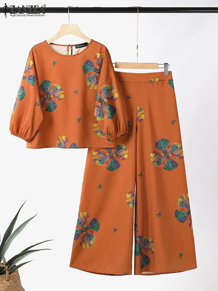 ZANZEA Summer Women Wide Leg Pant Sets ONeck 34 Sleeve Blouse Trousers Suit 2PCS Tracksuits Casual Printed Matching 240423