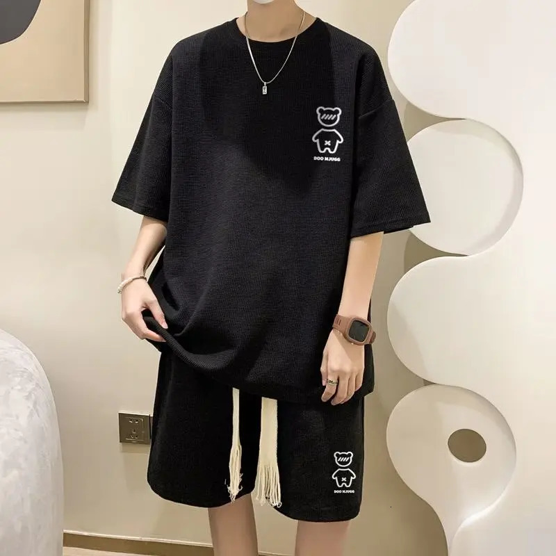 Korean Fashion Men Short Sets Hip Hop Rock Casual Short Suit Funny Bear Tshirts Shorts 2 Piece Set Summer Tracksuit Men 240429