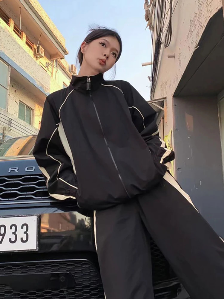 Spring Vintage Set Men Women High Street Varsity Jacket Wide Leg Pants Patchwork Y2k Streetwear Sports Bomber 2-piece Set Unisex 240426