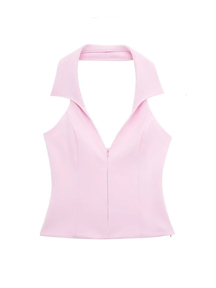 TRAF Women Casual Skirts Shorts Set Chic Halter Shirt Neck Backless Top Sweet Pink Summer Sexy Sets 240428