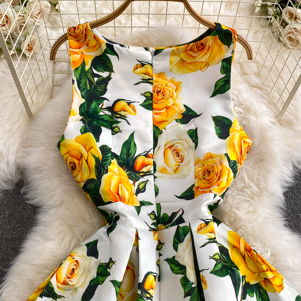 Dresses Fashion Runway Summer Midi Long Women Dress O-Neck Sleeveless Elegant Yellow Rose Print Office Lady Work Wear Vestidos