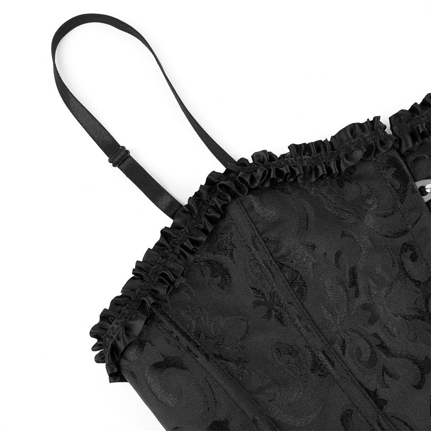 New Black Brocade Floral Jacquard Cropped Corset Top with Ruffle Trim Women Fashion Sling Crop Tops Plastic Boned Overbust Bustier Lace-Up Short Waist