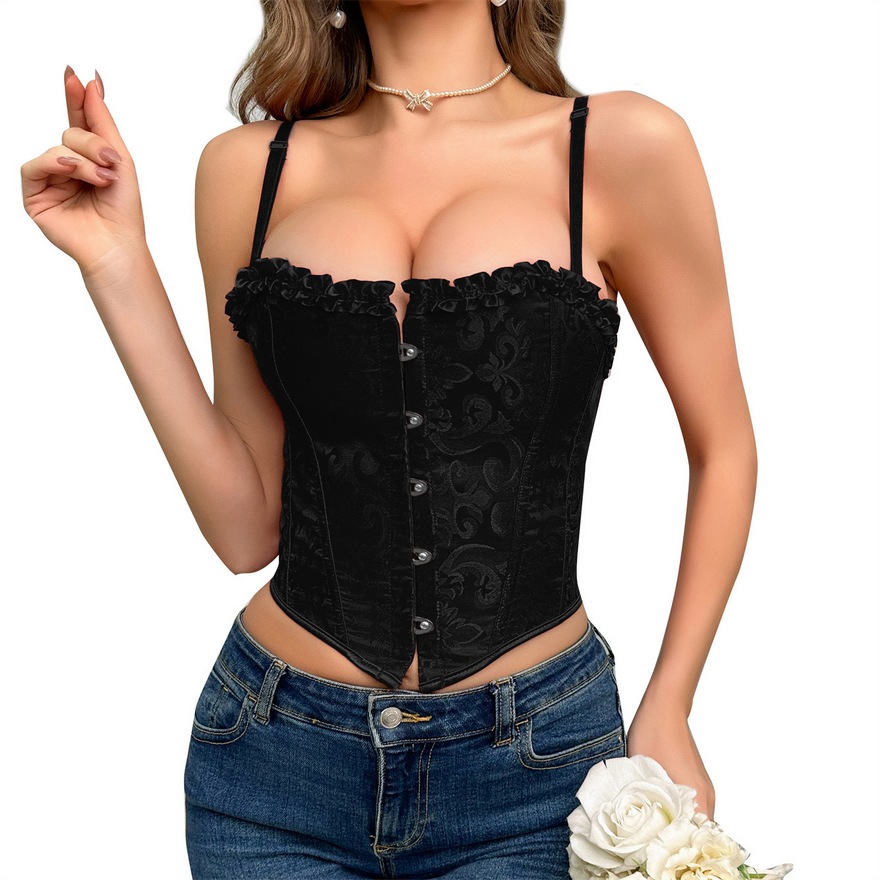 New Black Brocade Floral Jacquard Cropped Corset Top with Ruffle Trim Women Fashion Sling Crop Tops Plastic Boned Overbust Bustier Lace-Up Short Waist