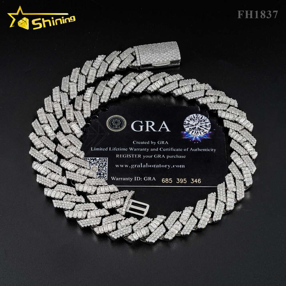 New Arrival Top Quality 15mm Hip Hop 925 Sterling Silver Luxury Baguette Iced Out Moissanite Diamond Cuban Link Chain