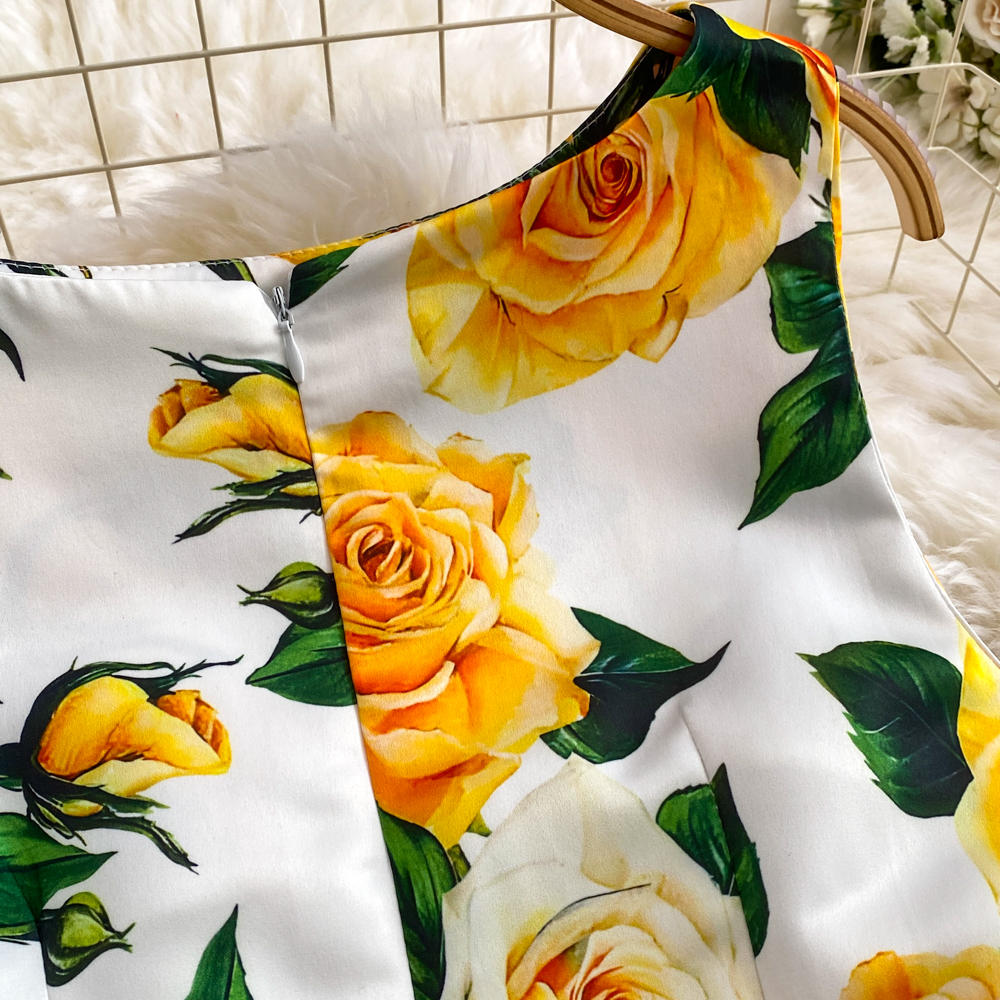Dresses Fashion Runway Summer Midi Long Women Dress O-Neck Sleeveless Elegant Yellow Rose Print Office Lady Work Wear Vestidos