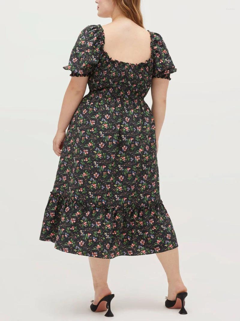 Casual Dresses Summer Women Midi Dress With Floral Print Square Neckline Pleated Short Sleeved A-Line Backless