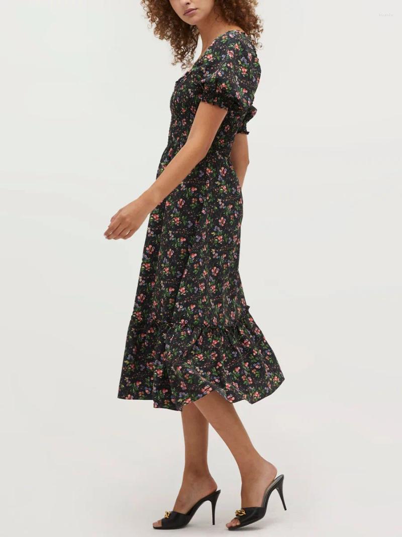 Casual Dresses Summer Women Midi Dress With Floral Print Square Neckline Pleated Short Sleeved A-Line Backless
