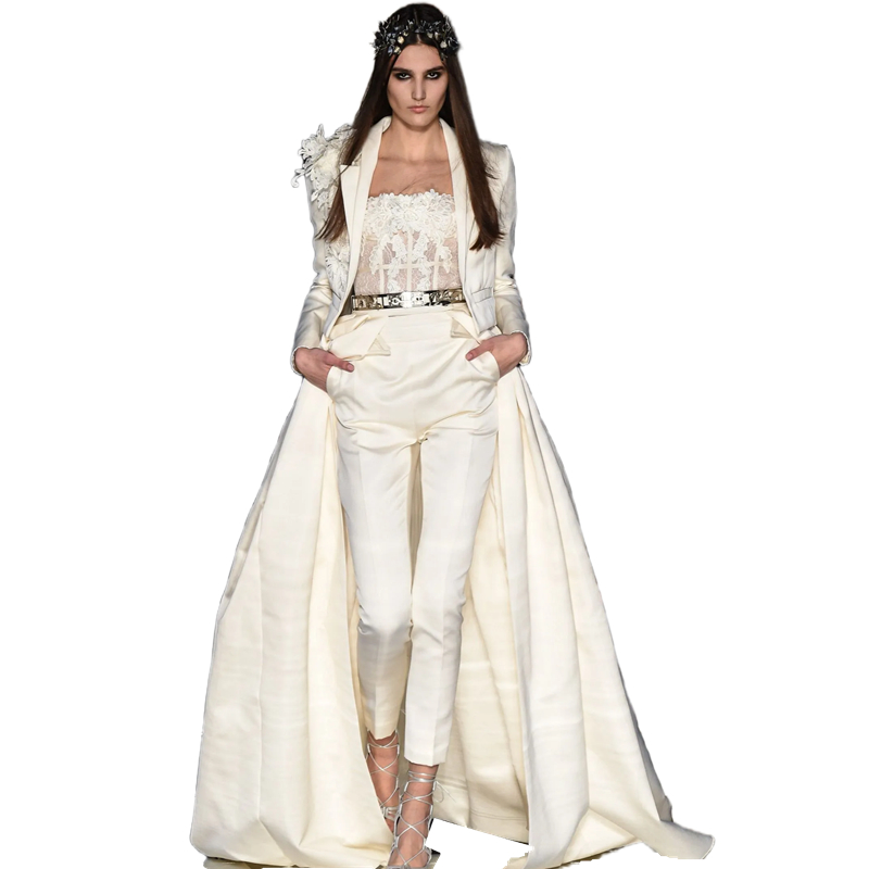 Modern Women Jumpsuits Evening Dresses With Detachable Train Short Jacket Lace Appliques Strapless Prom Gown Special Occasion Wear Pants Pocket 2024