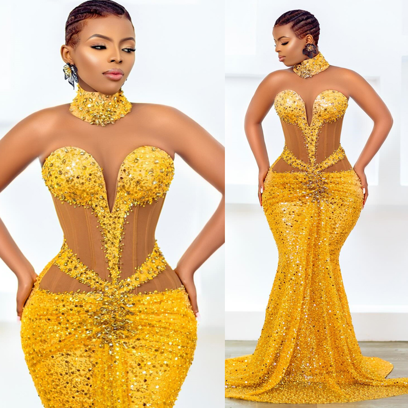 2024 Gold Prom Dresses for Black Women Promdress High Neck Illusion Evening Dresses Elegant Beaded Sequined Lace Birthday Party Dress Second Reception