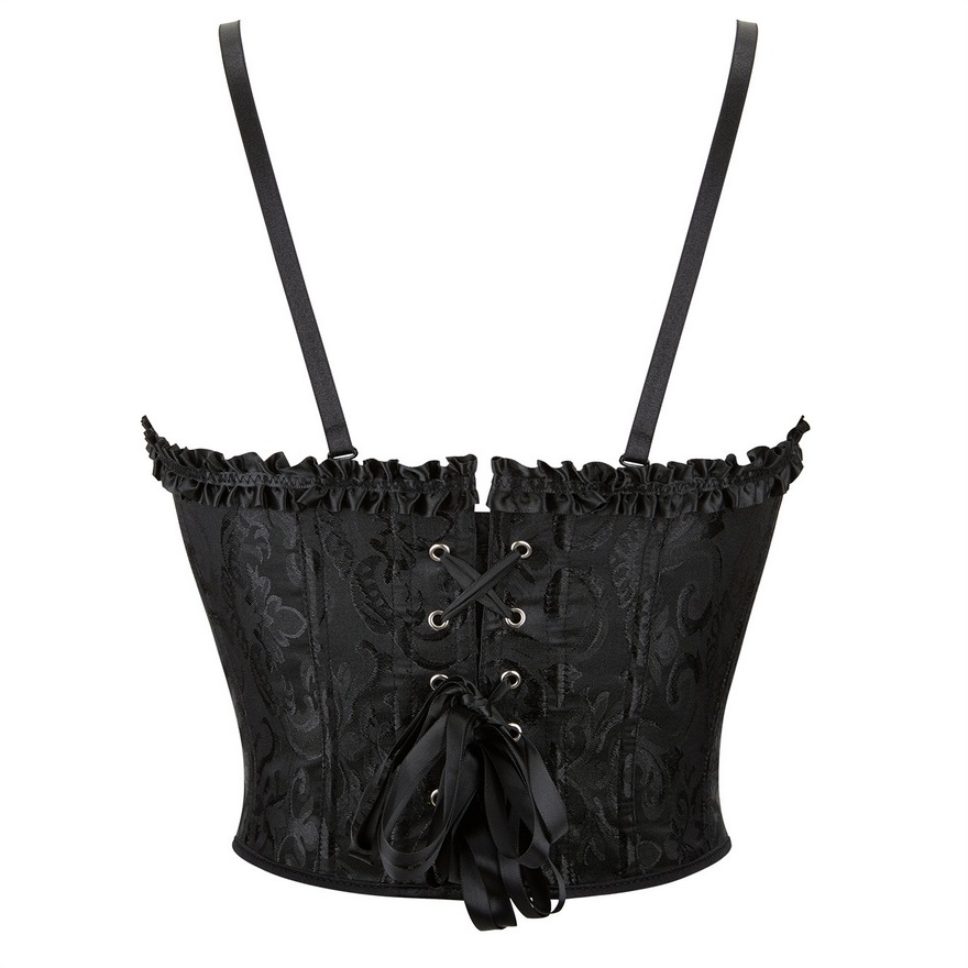 New Black Brocade Floral Jacquard Cropped Corset Top with Ruffle Trim Women Fashion Sling Crop Tops Plastic Boned Overbust Bustier Lace-Up Short Waist